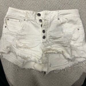 American Eagle Outfitters White Distressed Button-Front Jean Shorts